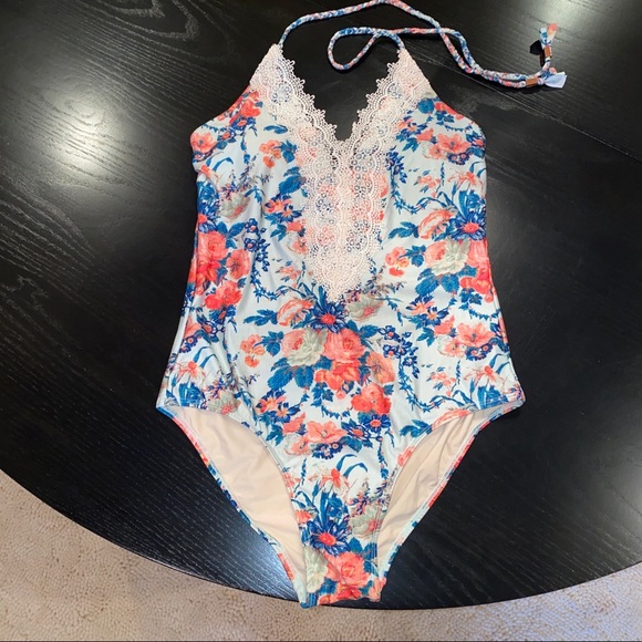 Anthropologie Mermaid Lace Front Floral One Piece Maillot Swimsuit, Medium M - Picture 2 of 9